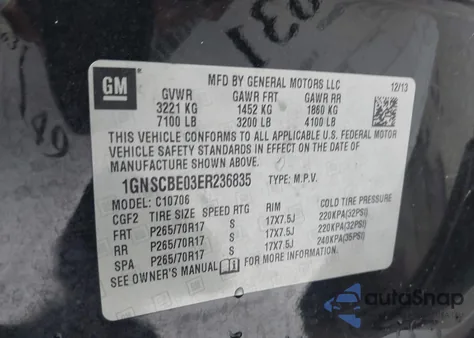 2014 Chevrolet Tahoe Lt from USA, damaged, VIN 1GNSCBE03ER236835